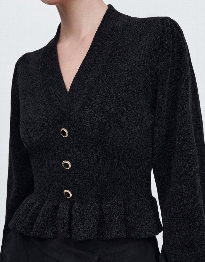 Black Urban Revivo Ruffle Knitted Top Women's Cardigan | KSMFLG-543