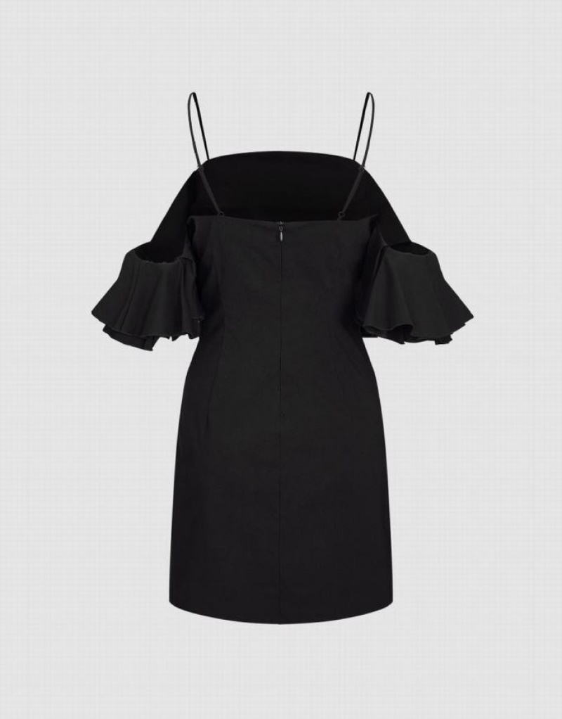 Black Urban Revivo Ruffle Off-Shoulder Skinny Women's Dress | FWNYEP-386