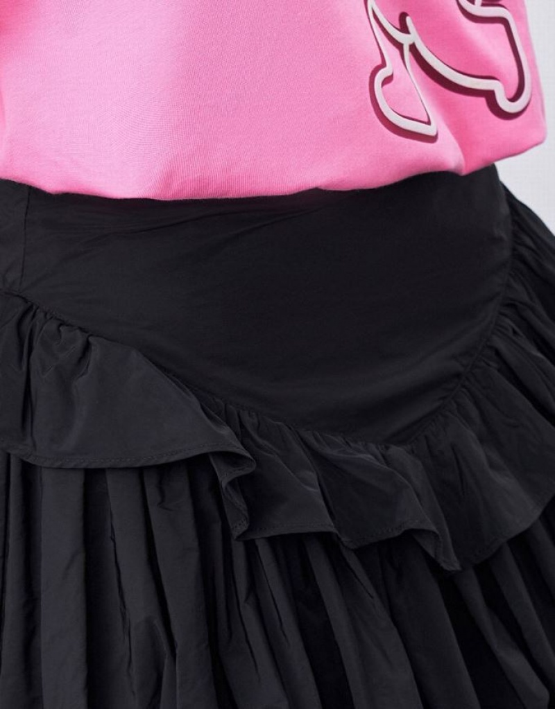 Black Urban Revivo Ruffled Ruched Women's Skirts | KIGPTR-035