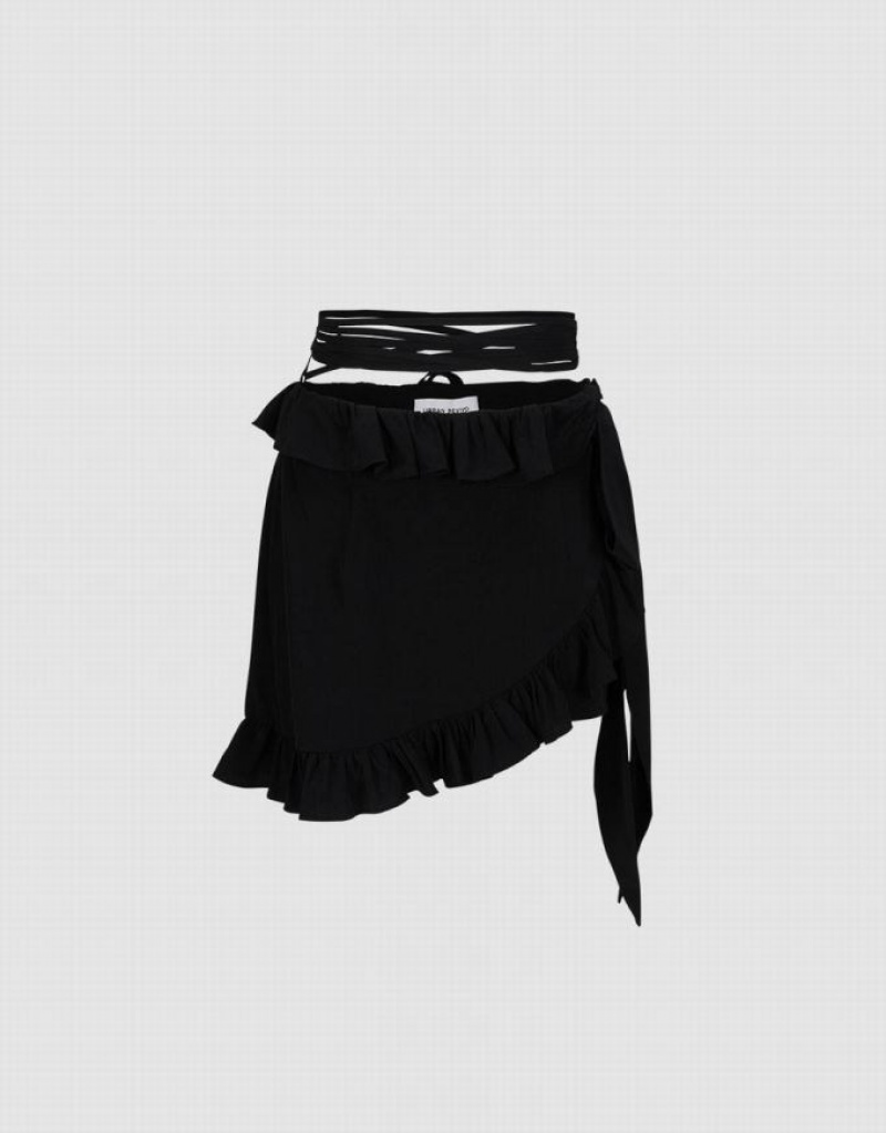 Black Urban Revivo Ruffled Wrap Women's Skirts | KTVXDI-326