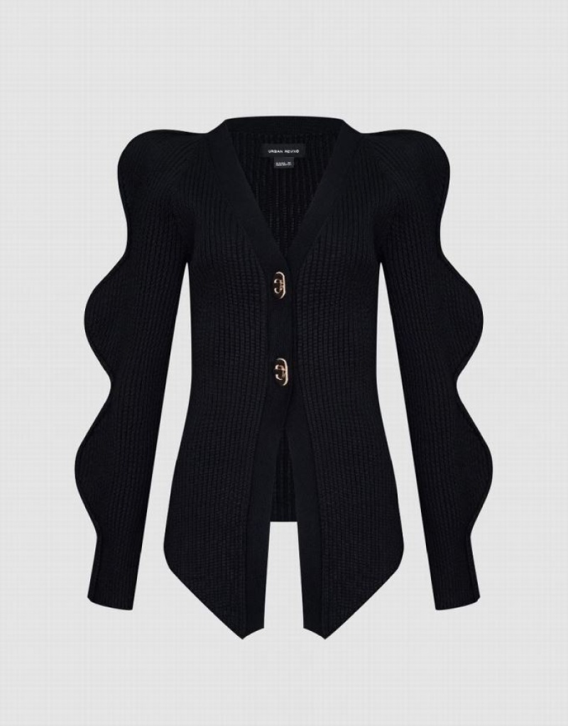 Black Urban Revivo Skinny V-Neck Knitted Women's Cardigan | PYBJOG-514