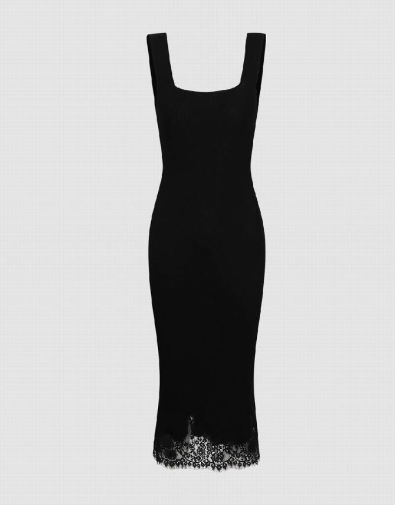 Black Urban Revivo Sleeveless Lace Hem Women's Knitted Dress | LREONS-947