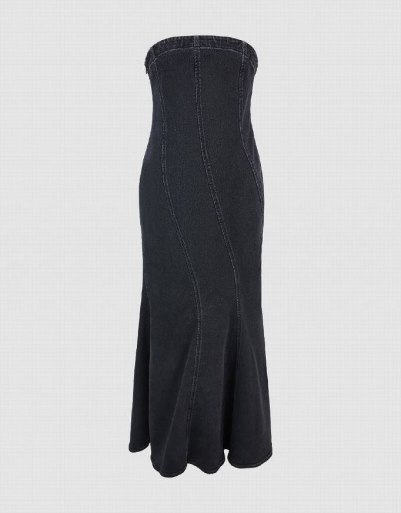 Black Urban Revivo Sleeveless Off-Shoulder Women's Denim Dress | ALEHRV-372