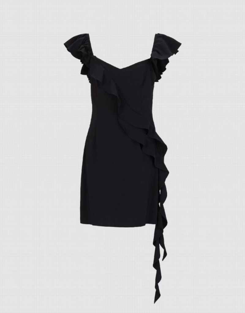 Black Urban Revivo Sleeveless Ruffle Skater Women's Short Dress | OYZUTJ-975