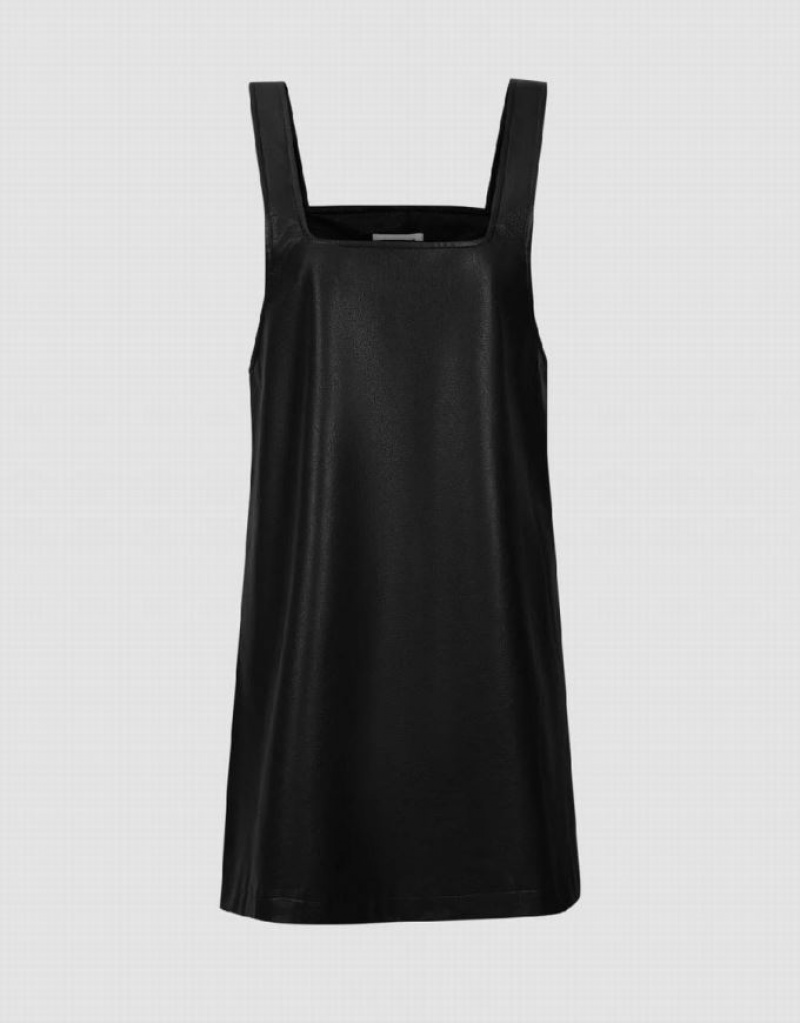 Black Urban Revivo Sleeveless Vegan Leather A-Line Women's Dress | IWXGHS-036