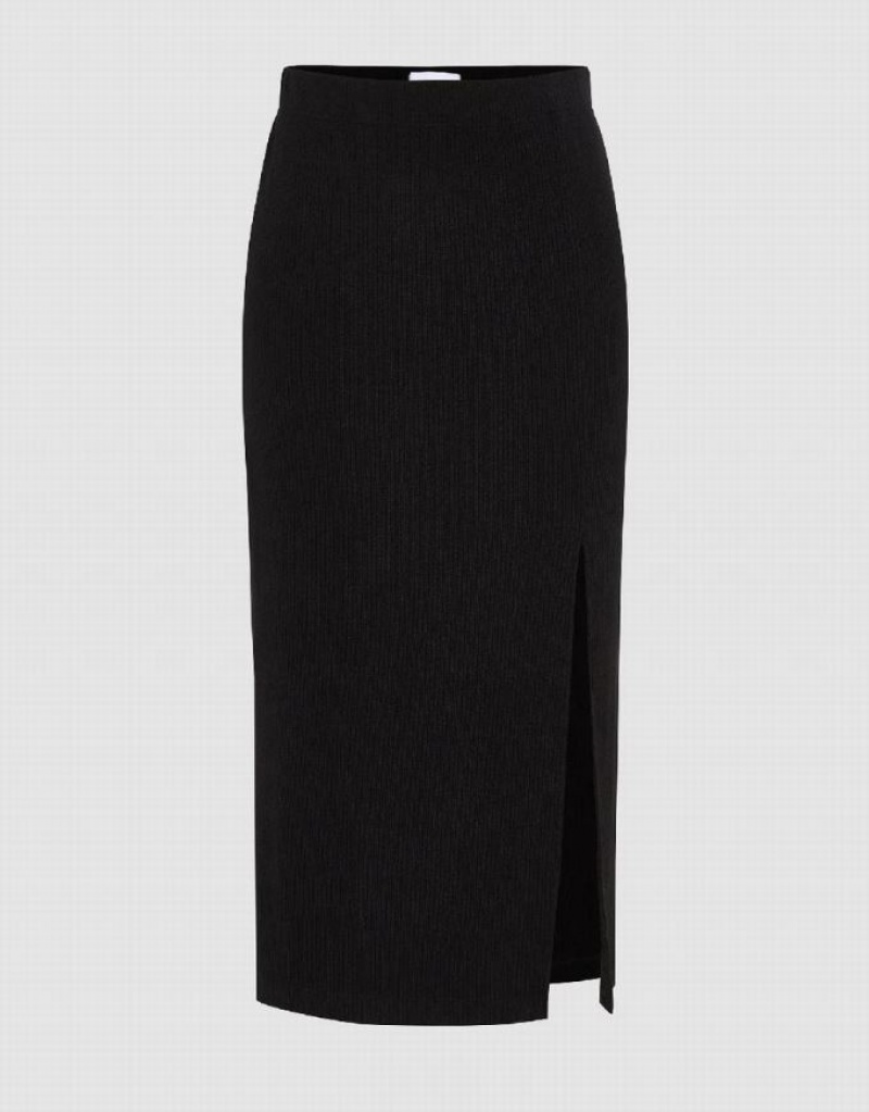 Black Urban Revivo Split Hem Knitted Balloon Women\'s Skirts | DXQNFU-650