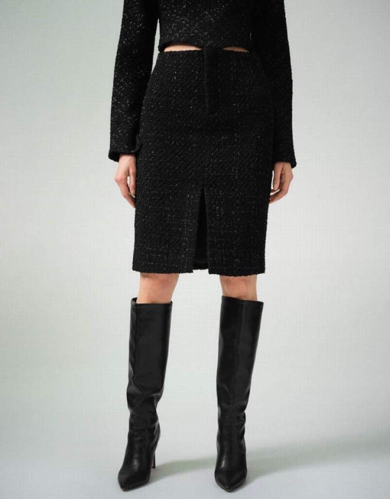 Black Urban Revivo Split Hem Tweed Straight Women's Skirts | KSRYFB-456