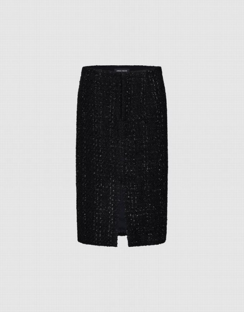 Black Urban Revivo Split Hem Tweed Straight Women\'s Skirts | KSRYFB-456