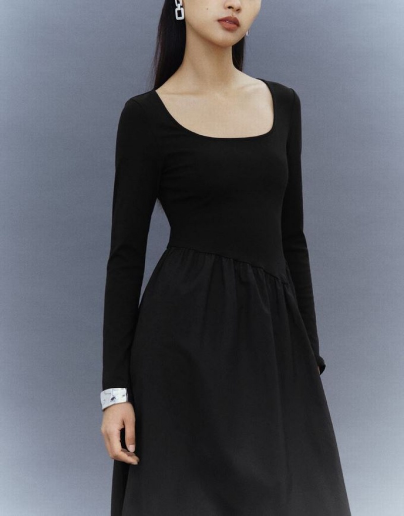 Black Urban Revivo Square Neck A-Line Women's Knitted Dress | SJEWYK-370