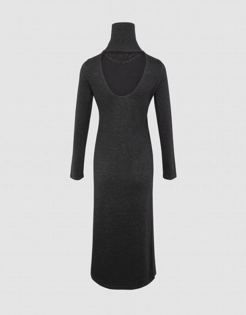 Black Urban Revivo Stand Collar Split Women's Knitted Dress | URNOAS-936