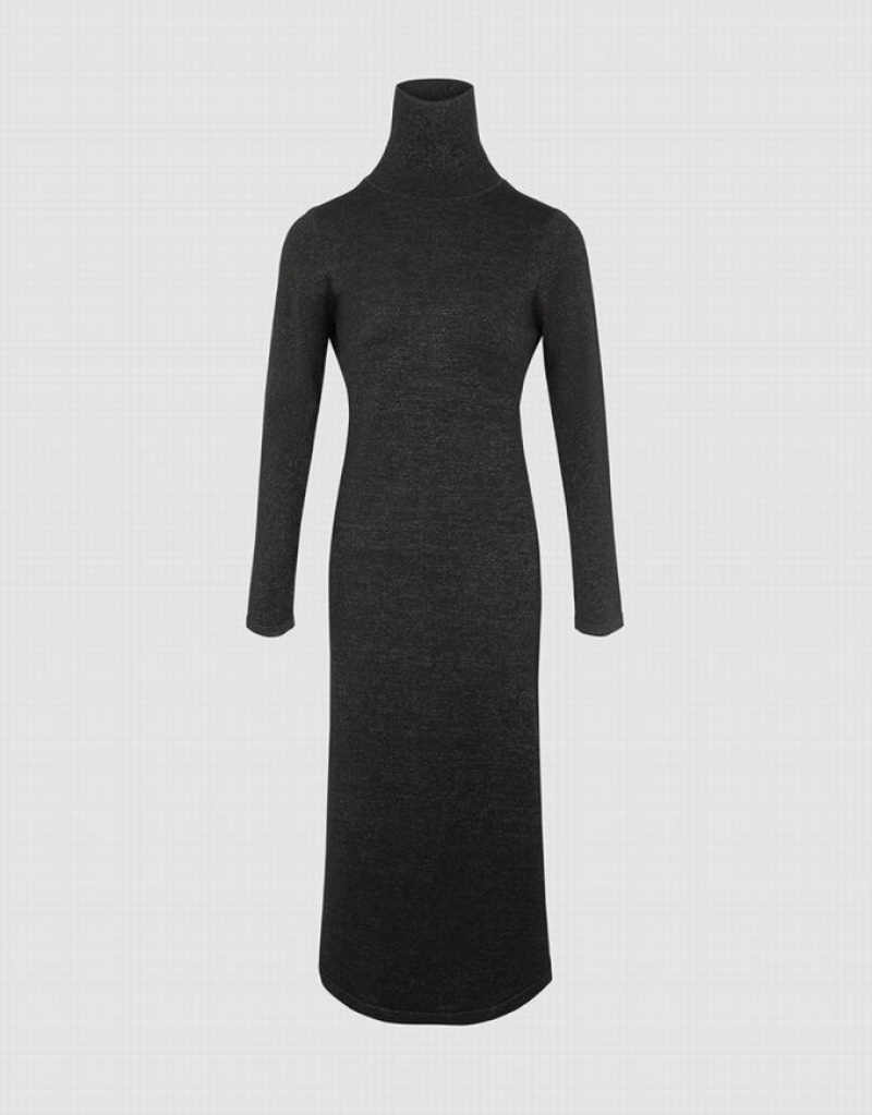 Black Urban Revivo Stand Collar Split Women\'s Knitted Dress | URNOAS-936