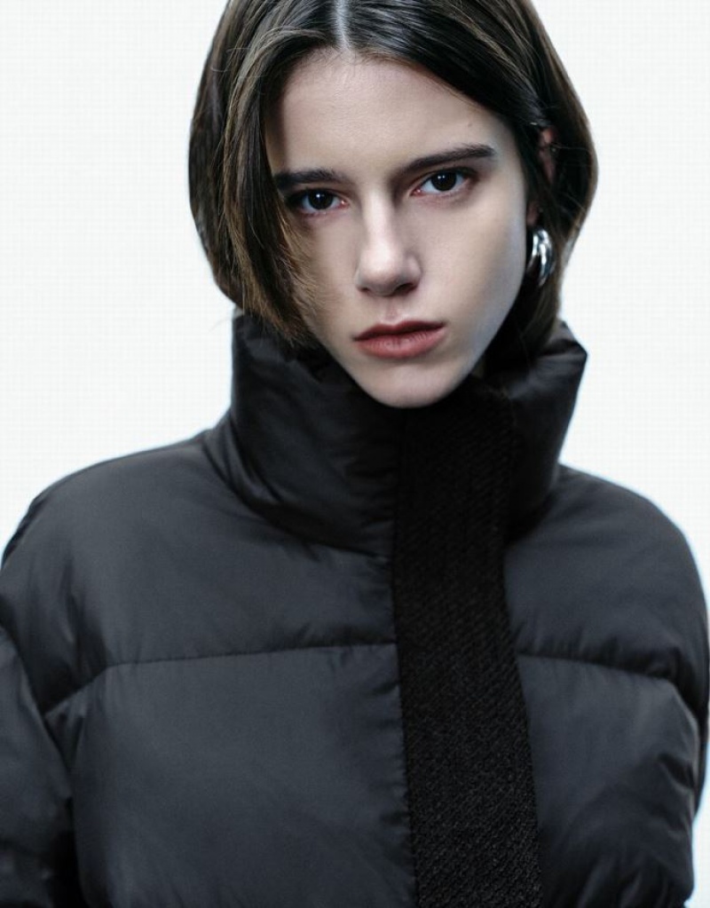 Black Urban Revivo Stand Collar Straight Women's Down Jackets | EPBXVT-905