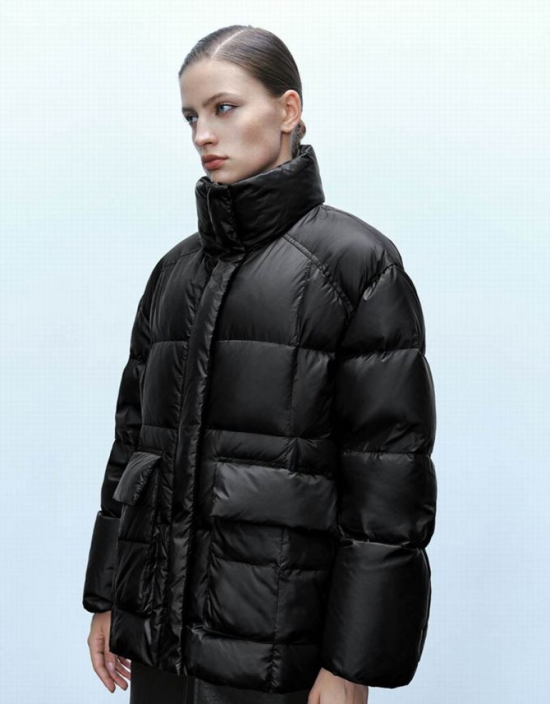 Black Urban Revivo Stand Collar Women's Puffer Jacket | EZDFNH-049