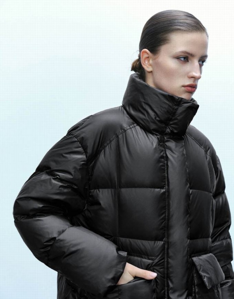 Black Urban Revivo Stand Collar Women's Puffer Jacket | EZDFNH-049