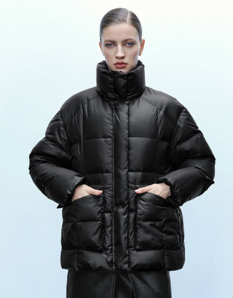 Black Urban Revivo Stand Collar Women\'s Puffer Jacket | EZDFNH-049