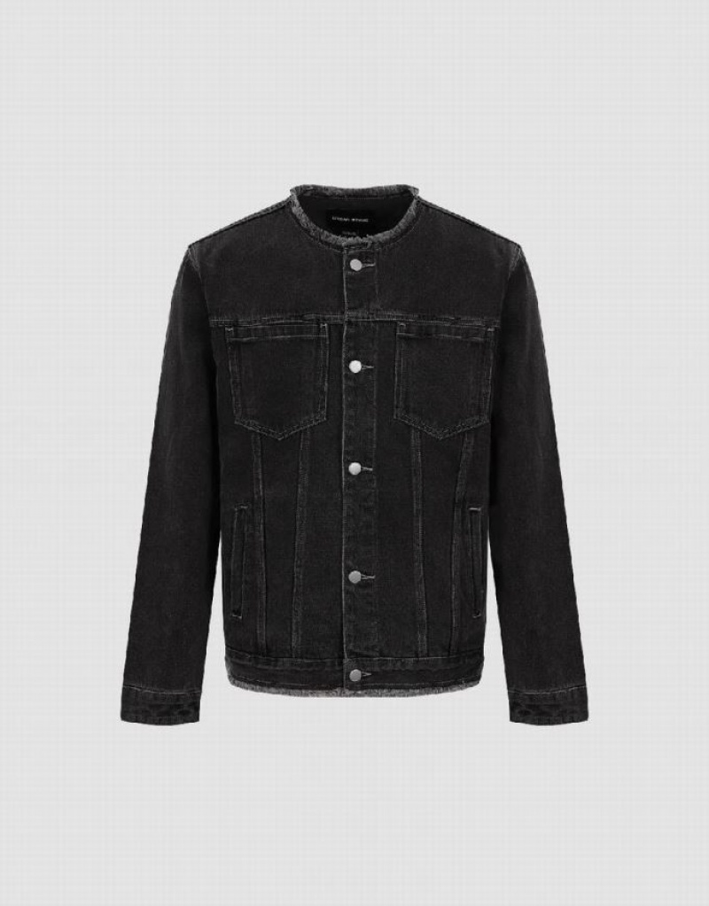 Black Urban Revivo Standard Sleeve Men's Denim Jackets | HSWJOL-798