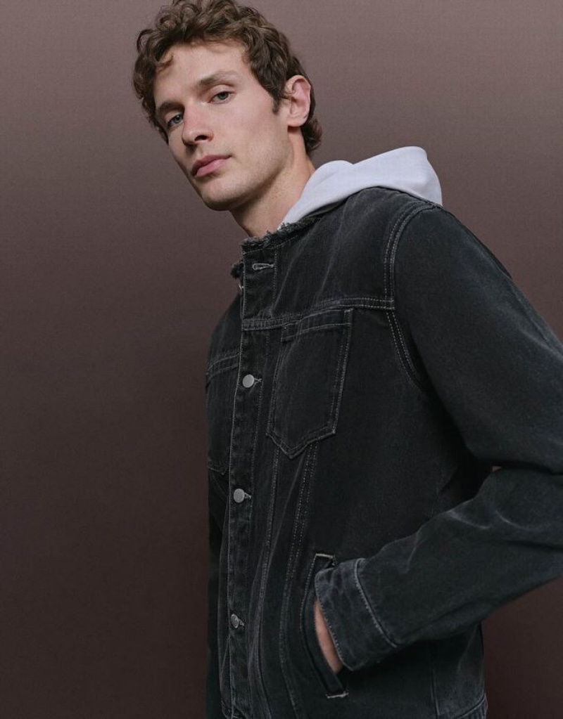 Black Urban Revivo Standard Sleeve Men's Denim Jackets | HSWJOL-798