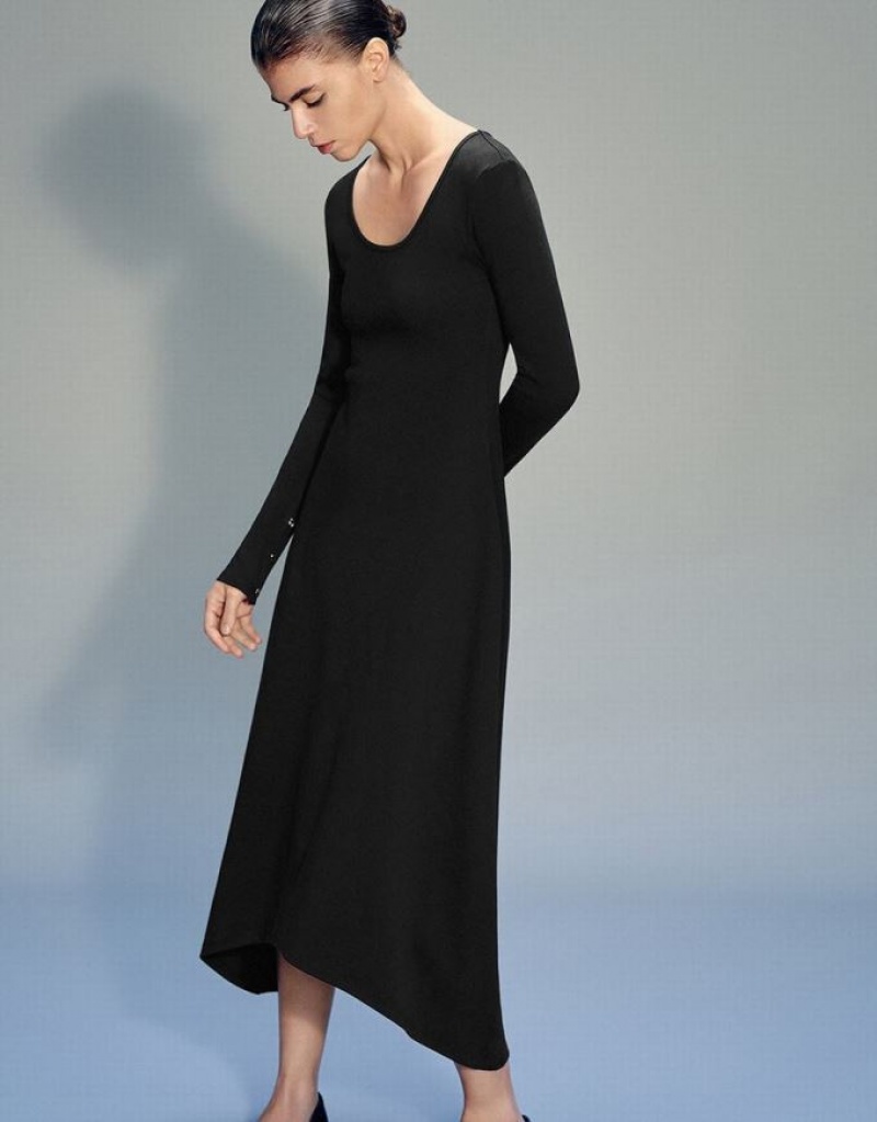 Black Urban Revivo Standard Sleeve U Neck A-Line Women's Dress | VRXWGP-304