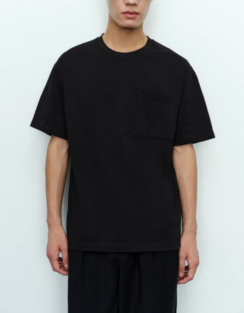 Black Urban Revivo Straight Crew Neck Men's T-Shirts | XEWDAI-439