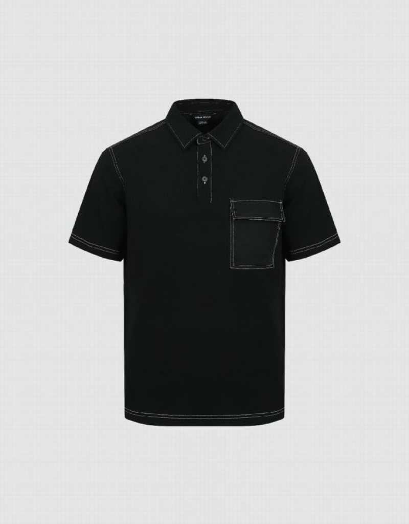 Black Urban Revivo Straight Men's Polo Shirts | KAISRX-936