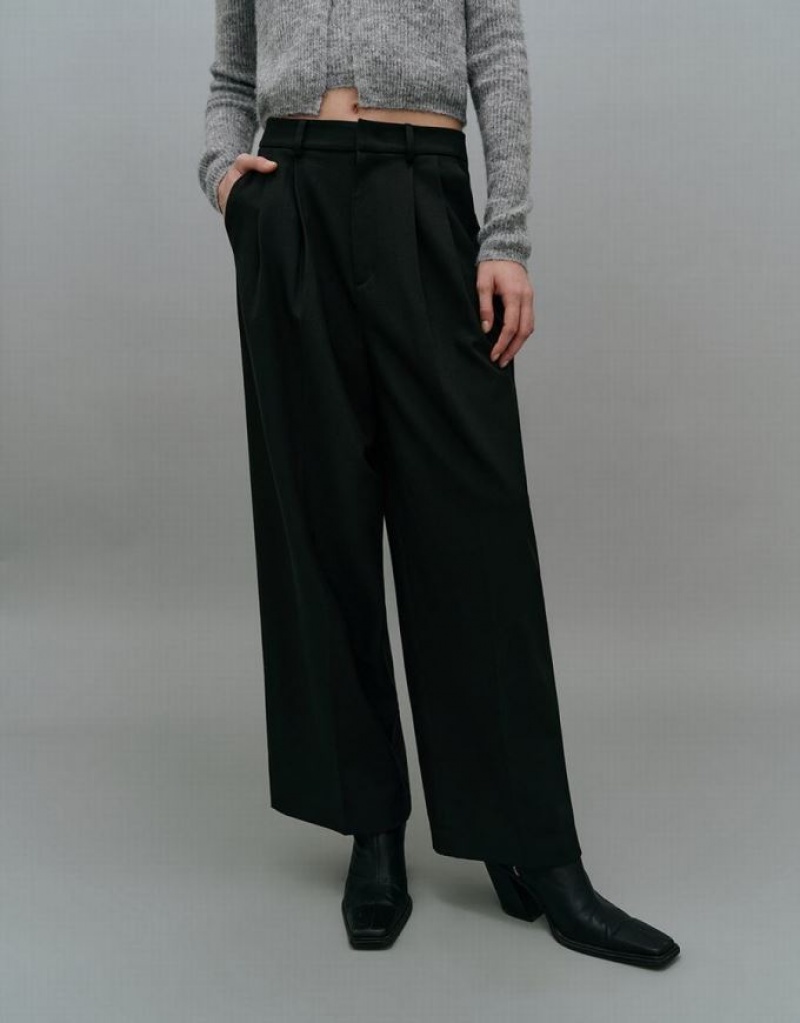 Black Urban Revivo Tailored Wide-Leg Women's Pants | ZRALKJ-816