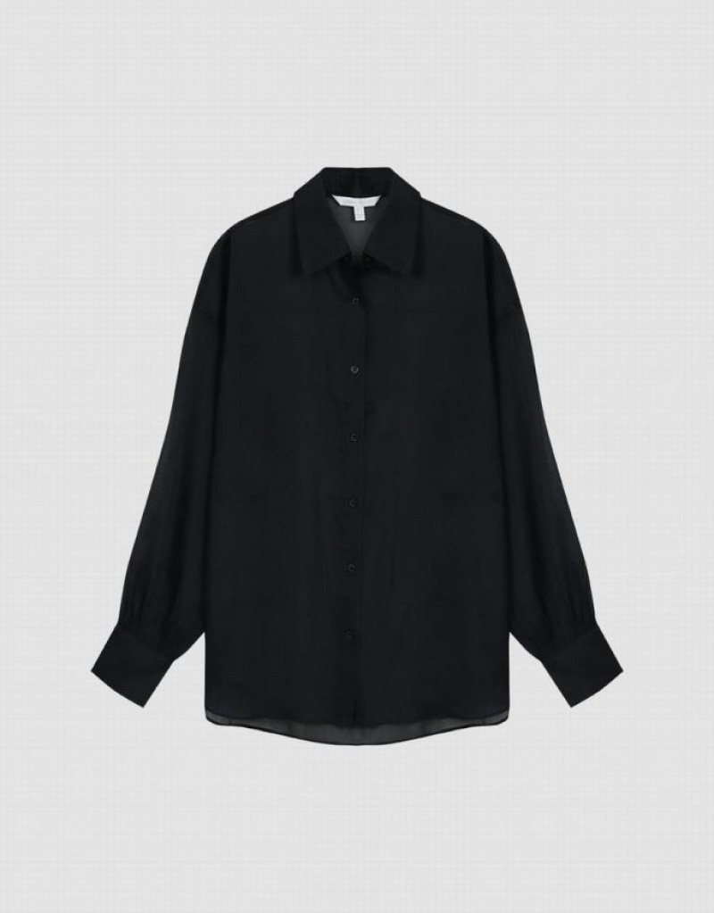 Black Urban Revivo Thin Button Up Loose Women's Shirts | WCRIQB-975