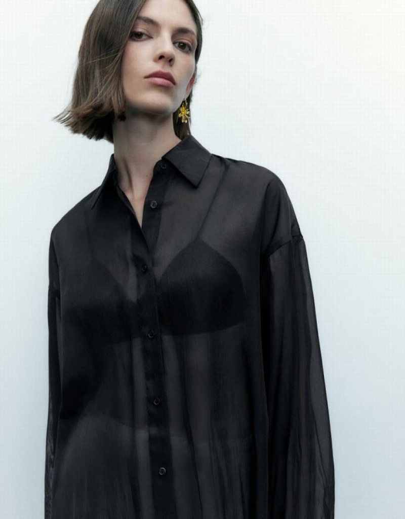 Black Urban Revivo Thin Button Up Loose Women's Shirts | WCRIQB-975