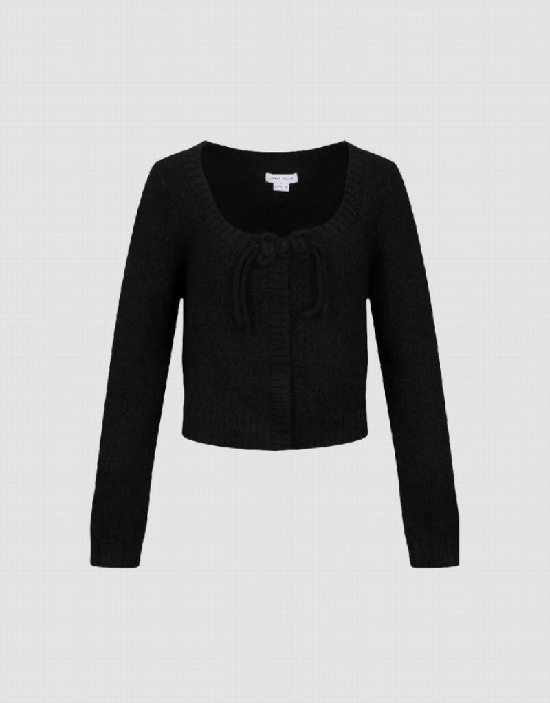 Black Urban Revivo Tie Front Crew Neck Knitted Women\'s Cardigan | BLGHMC-062