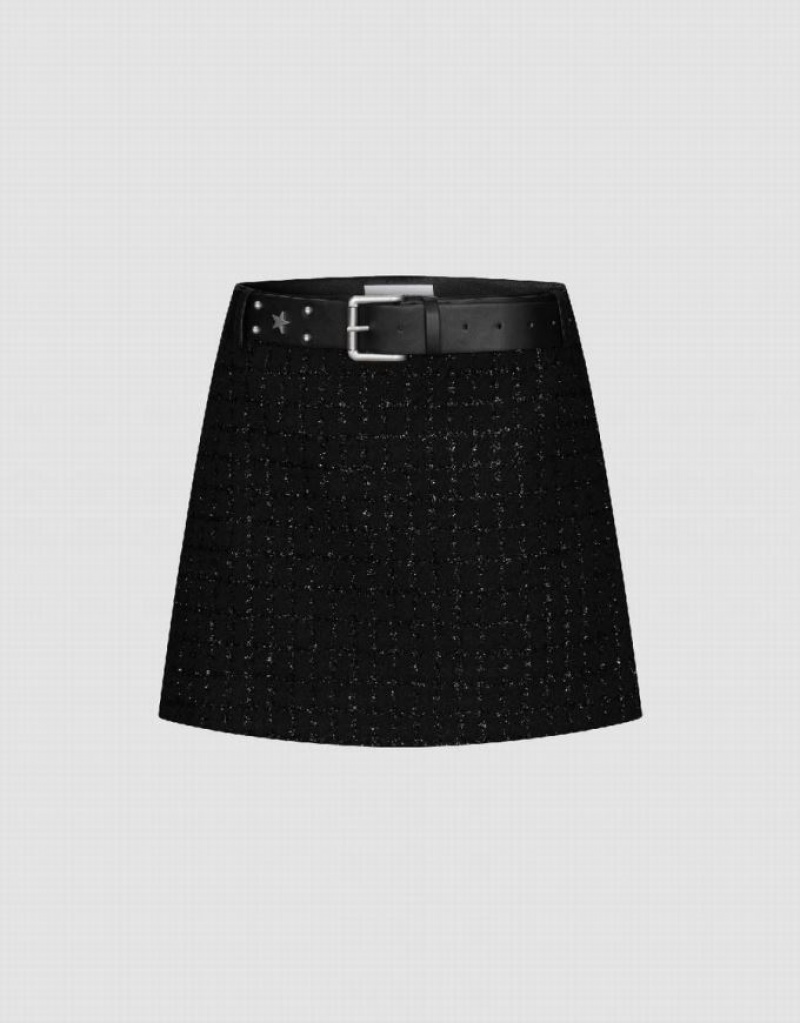 Black Urban Revivo Tweed Mini A-Line Women\'s Skirts | RQYPOK-149