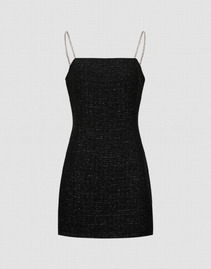 Black Urban Revivo Tweed Off-Shoulder A-Line Cami Women\'s Dress | KAQRWX-315