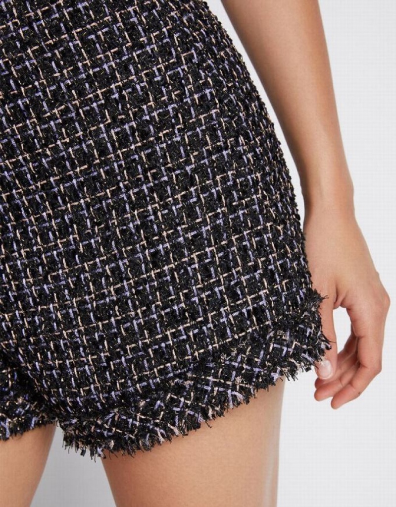 Black Urban Revivo Tweed Plaid Raw Hem Women's Shorts | UADWTE-561