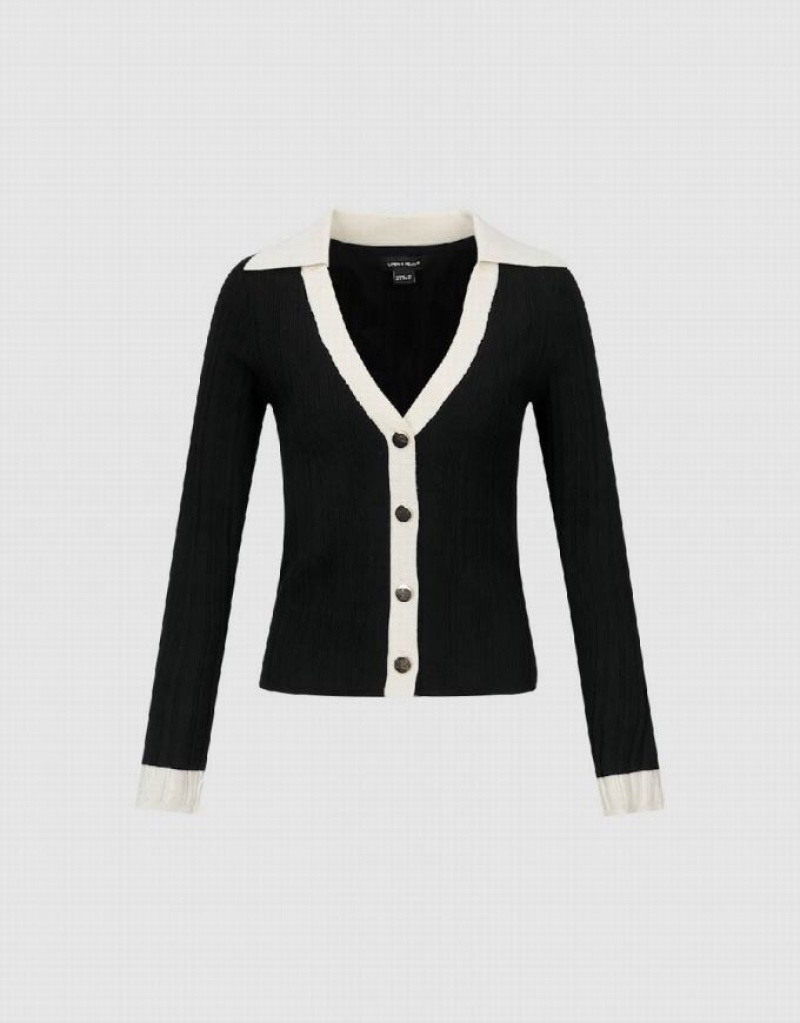 Black Urban Revivo V-Neck Knitted Women's Cardigan | HFZRKG-583