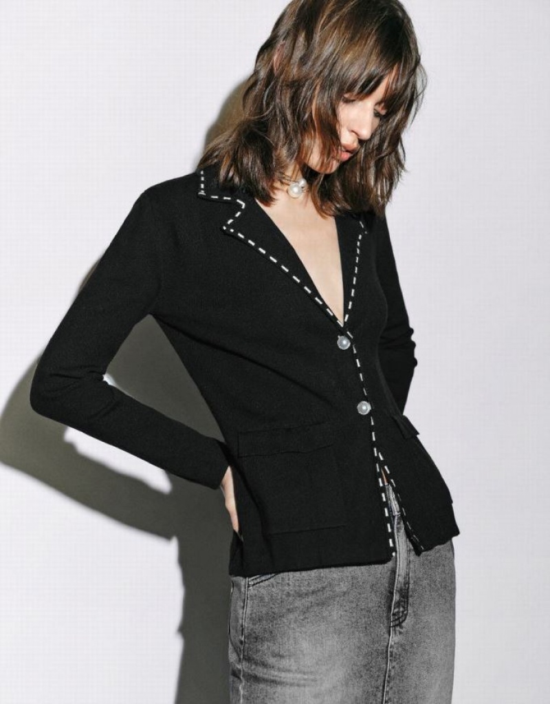 Black Urban Revivo V-Neck Knitted Women's Cardigan | GYSXZD-036