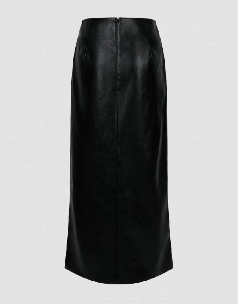 Black Urban Revivo Vegan Leather Midi Straight Women's Skirts | ICBSTR-203