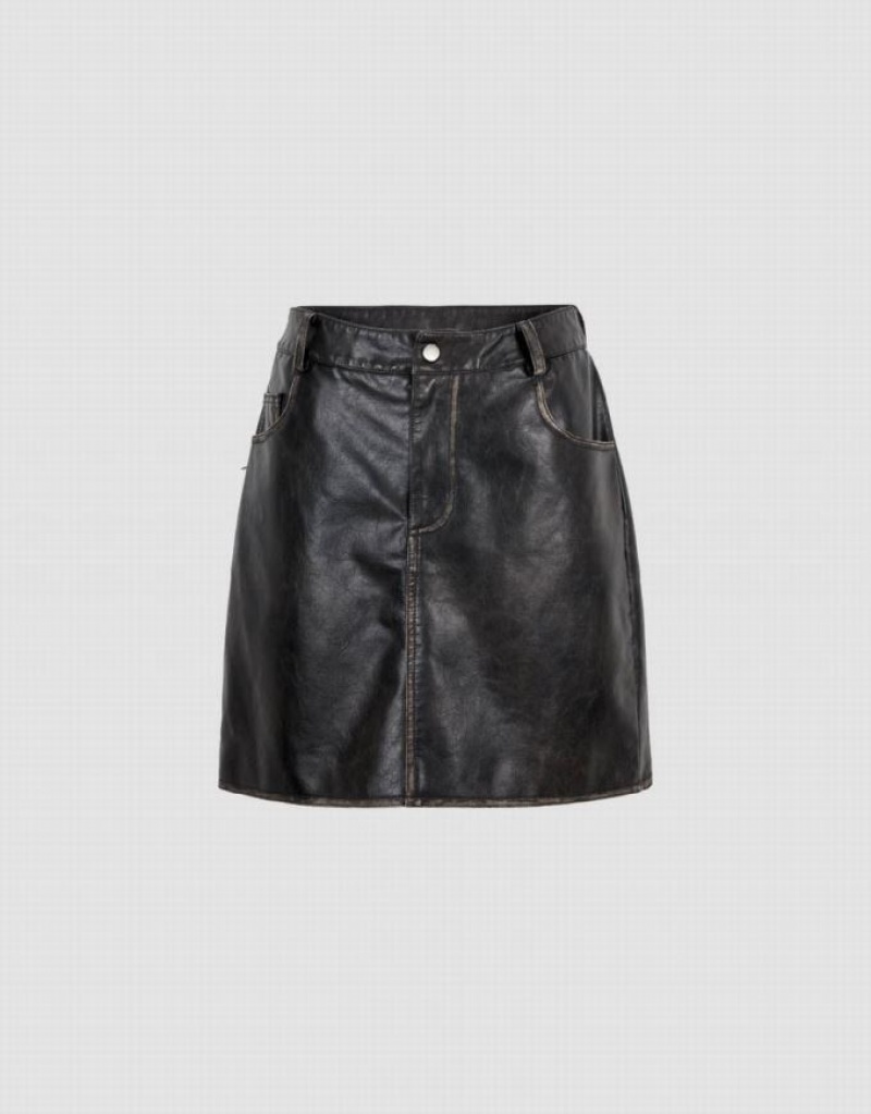 Black Urban Revivo Vegan Leather Mini A-Line Women\'s Skirts | EIGKZS-672