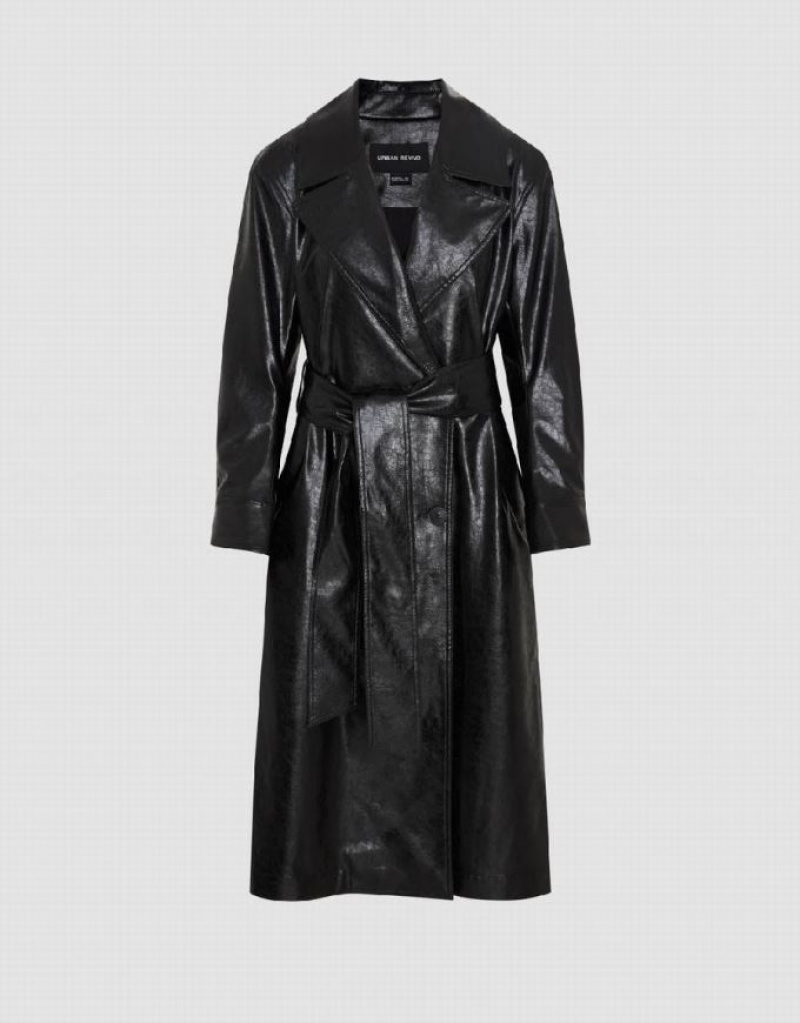 Black Urban Revivo Vegan Leather Straight With Belt Women's Coats | GDUIXW-871