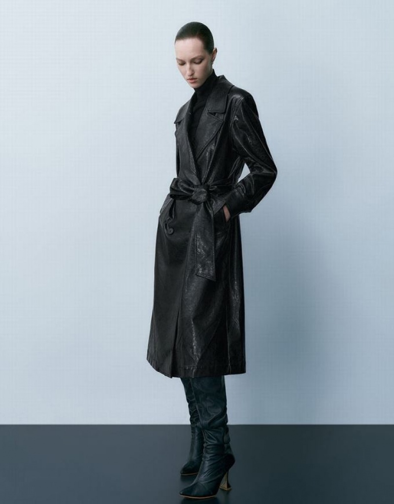 Black Urban Revivo Vegan Leather Straight With Belt Women's Coats | GDUIXW-871