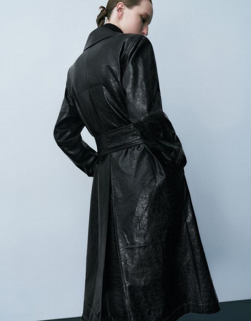 Black Urban Revivo Vegan Leather Straight With Belt Women's Coats | GDUIXW-871