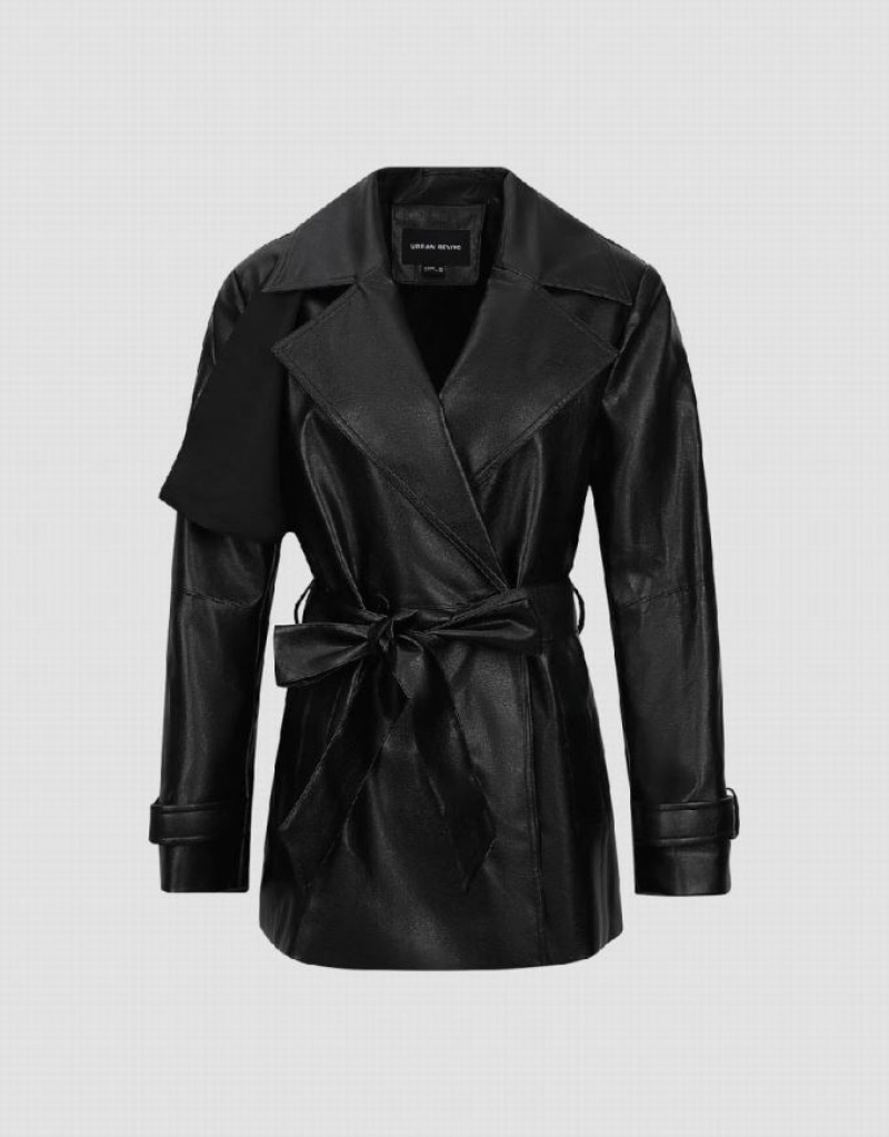 Black Urban Revivo Vegan Leather With Belt Women's Trench Coat | QGXVAM-528