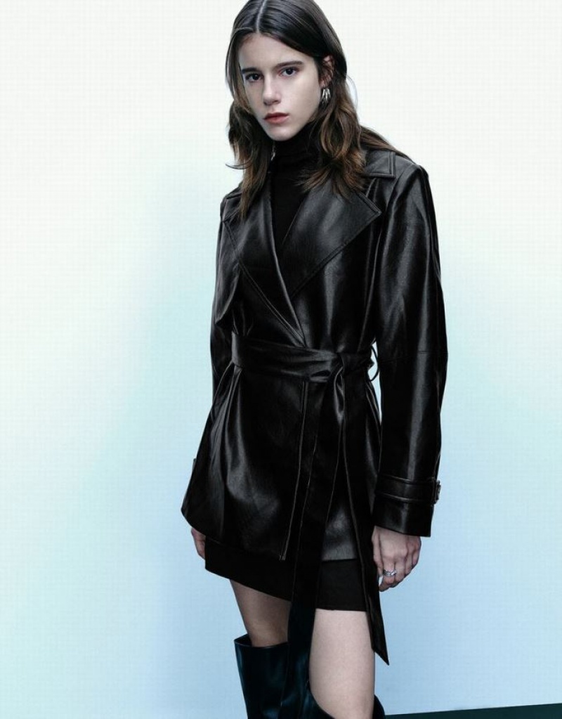 Black Urban Revivo Vegan Leather With Belt Women's Trench Coat | QGXVAM-528