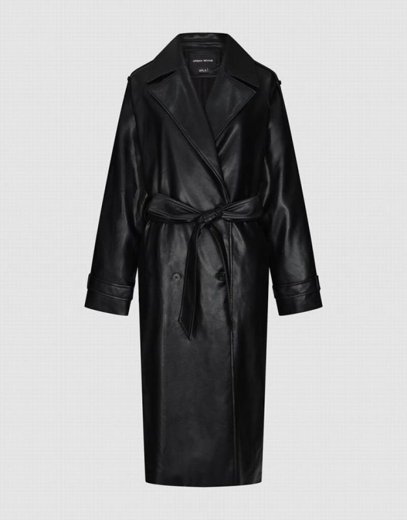 Black Urban Revivo Vegan Leather With Belt Women's Trench Coat | DLVZQI-301