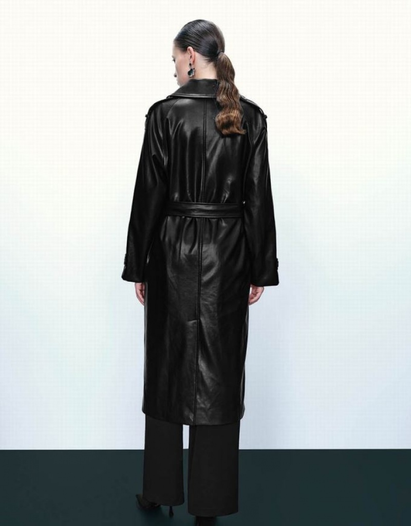 Black Urban Revivo Vegan Leather With Belt Women's Trench Coat | DLVZQI-301