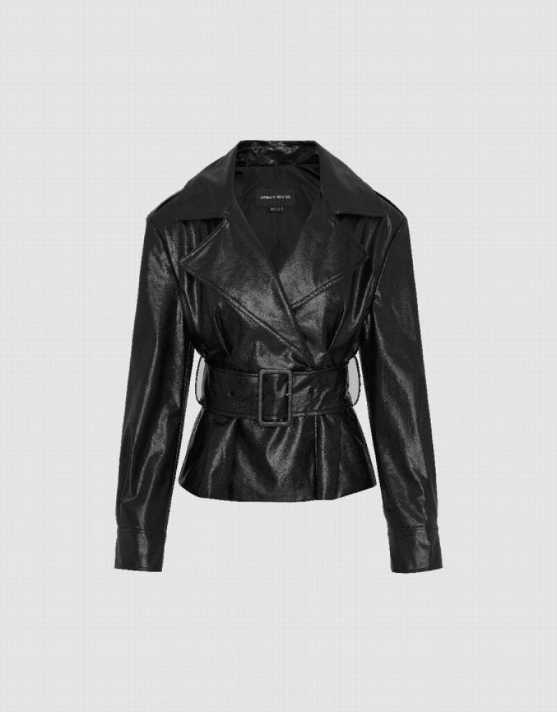 Black Urban Revivo Vegan With Belt Women's Leather Jackets | DJLMRV-165