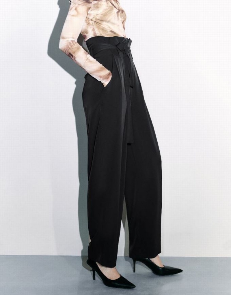 Black Urban Revivo Wide-Leg With Belt Women's Pants | SLMXFK-813