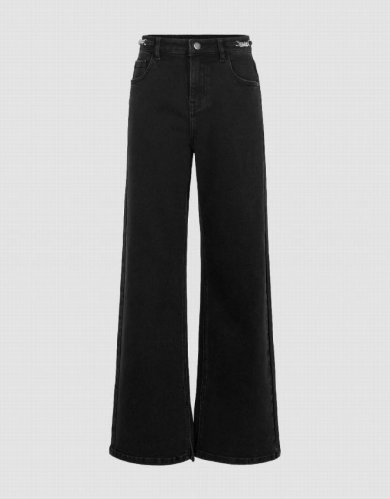 Black Urban Revivo Wide-Leg With Chain Decor Women\'s Jeans | TYFUHQ-295