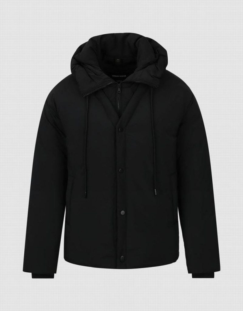 Black Urban Revivo Zipper Front Hooded Men's Down Jackets | JSDNZY-986