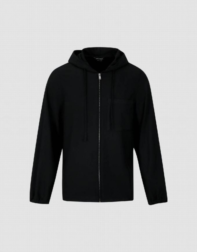 Black Urban Revivo Zipper Front Men's Hooded Jackets | TMVHYU-085