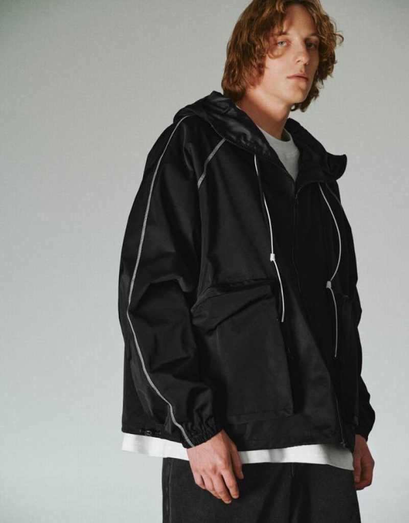 Black Urban Revivo Zipper Front Oversized Men's Hooded Jackets | TQFSAR-397