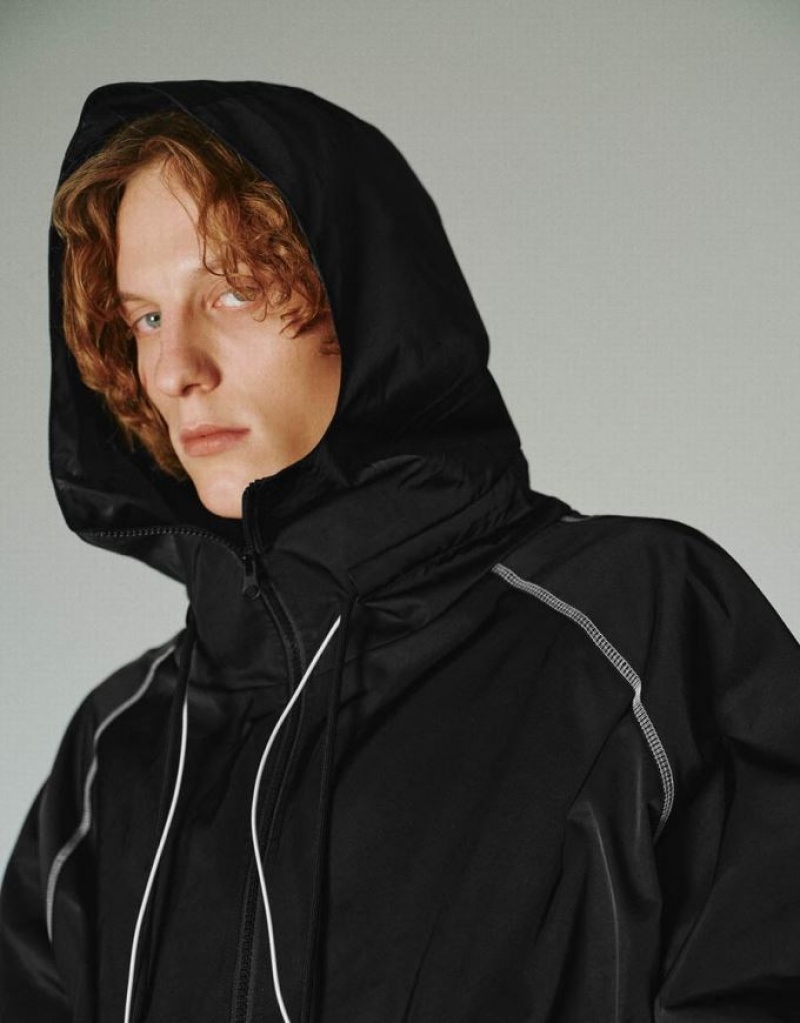 Black Urban Revivo Zipper Front Oversized Men's Hooded Jackets | TQFSAR-397