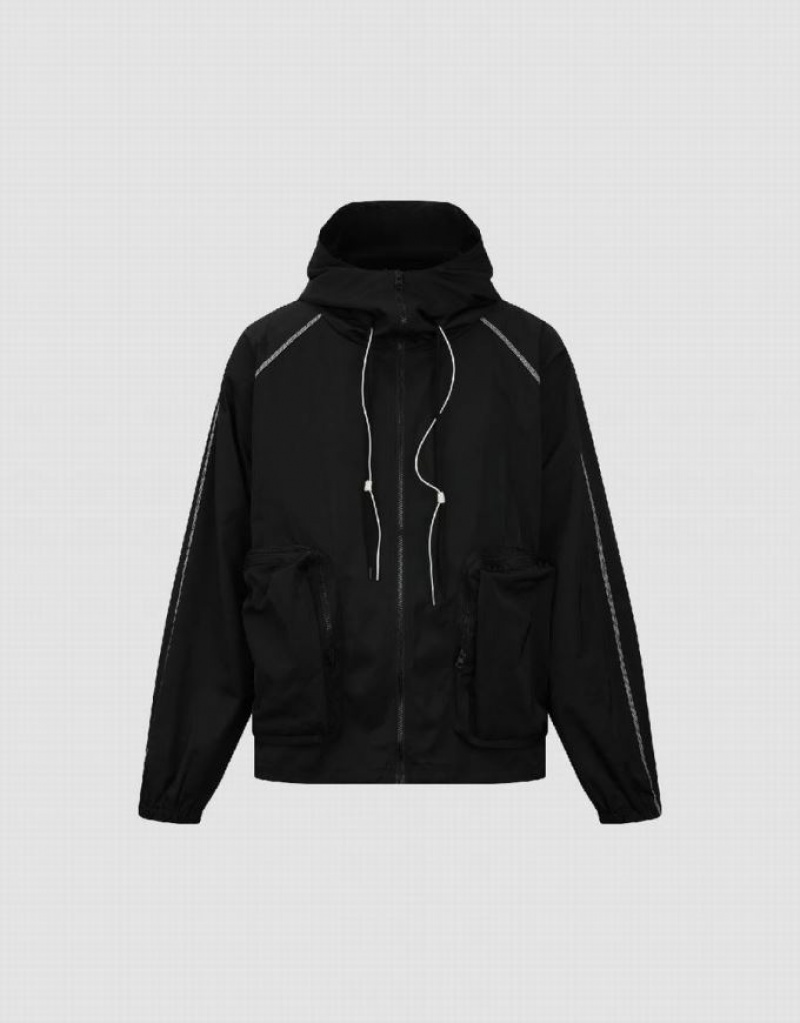 Black Urban Revivo Zipper Front Oversized Men's Hooded Jackets | TQFSAR-397